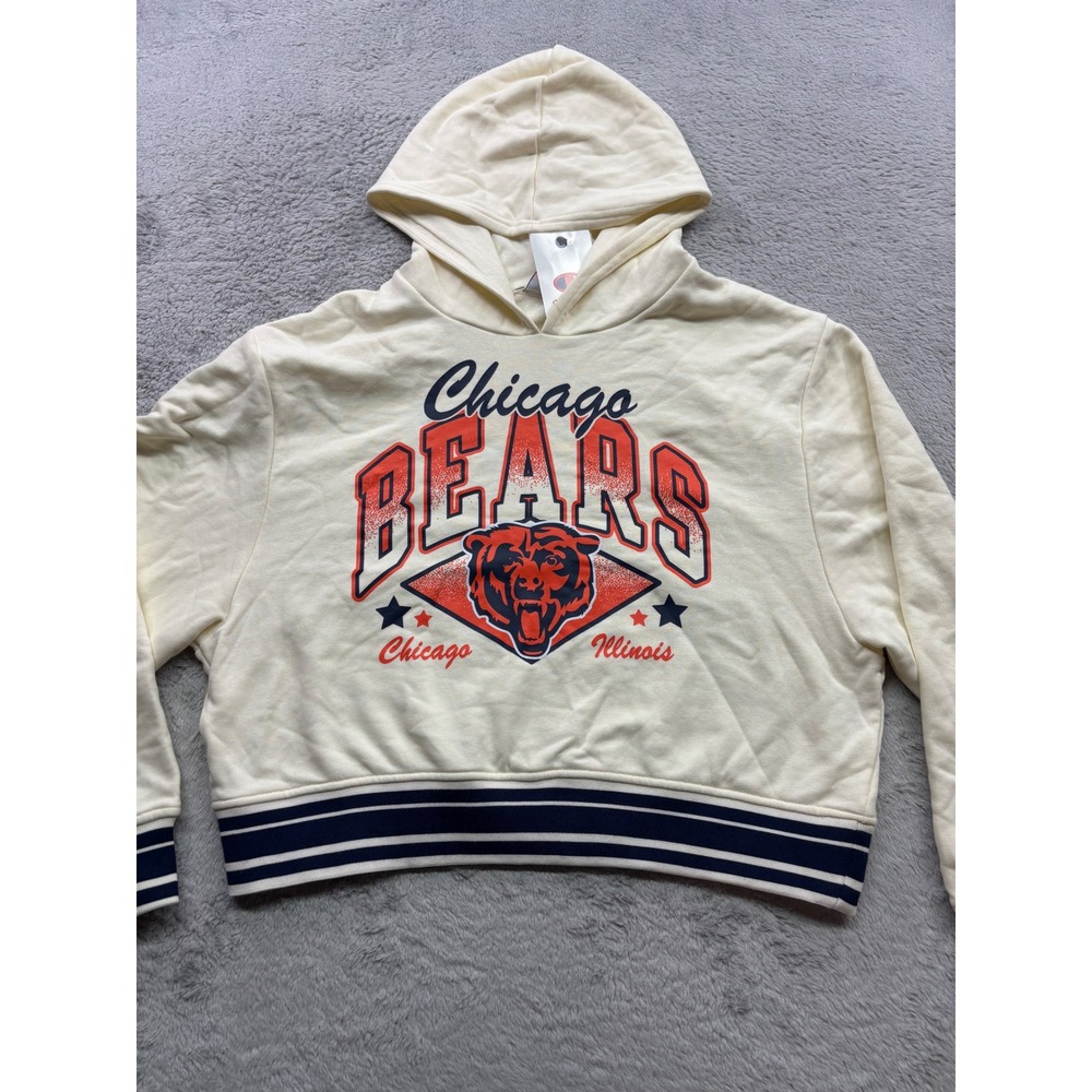 Champion Chicago Bears NFL Cropped Hoodie Cream Navy Orange Women Medium NEW